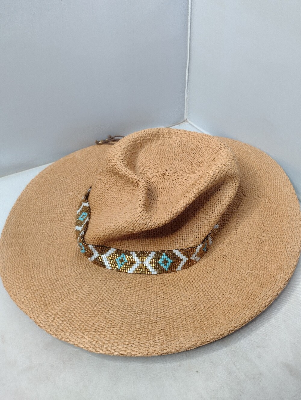 Nikki Beach Nicki Western Beaded Band Straw Hat UPF 50 Pool Coast B8